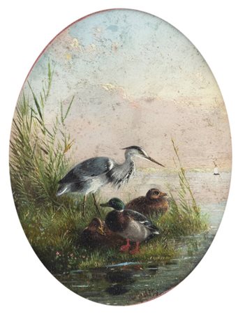 DELLA FINE DEL XIX SECOLO PITTORE ANONIMO<BR>"Paesaggio con uccelli"