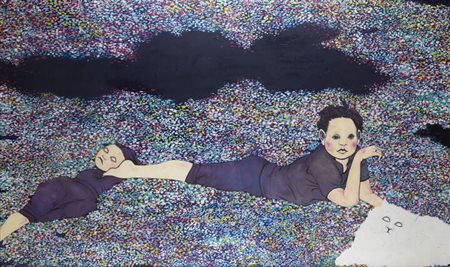 ENRICO COLOMBOTTO ROSSO<BR>Torino 1925 - 2013 Casale Monferrato (AL)<BR>"Prato fiorito con figure e gatto bianco"