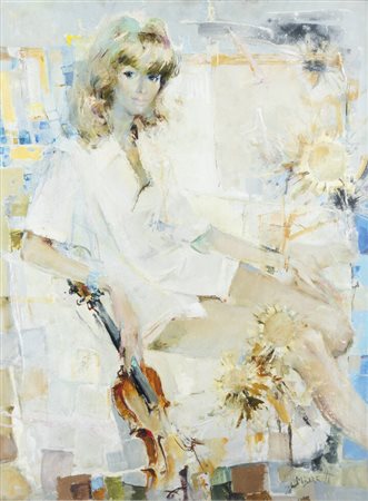MICHELE BARETTA<BR>Vigone (TO) 1916 - 1987<BR>"Figura con violino" 1970