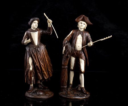 Coppia di sculture Tedesche in legno e avorio - XVIII-XIX Secolo, alla maniera di Simon Troger