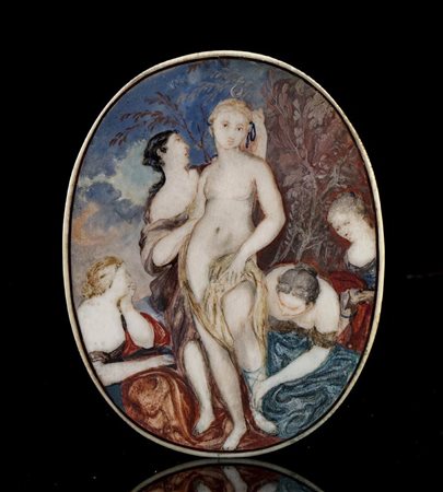Placca Italiana in avorio e tartaruga raffigurante Diana e le sue ninfe al bagno - XVIII Secolo 