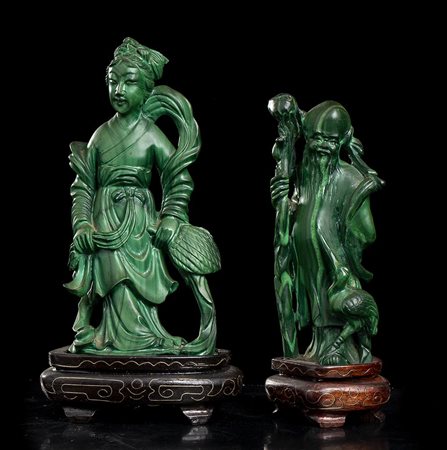 DUE FIGURE IN MALACHITE 
Cina, XX secolo