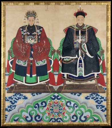 DIPINTO CON COPPIA DI ANTENATI A INCHIOSTRO E COLORI SU CARTA 
Cina, dinastia Qing, XIX secolo