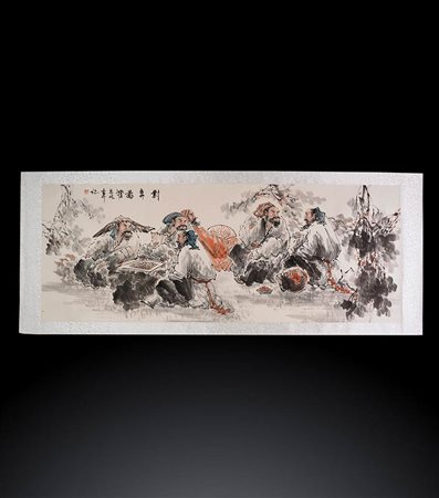 DIPINTO A INCHIOSTRO E COLORI SU CARTA CON LETTERATI 
Cina, XX secolo
