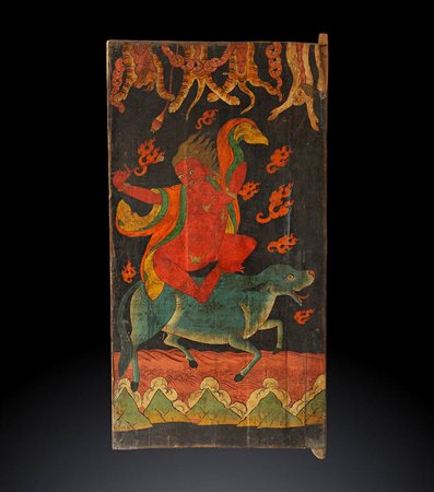 DIPINTO A COLORI SU TELA INCOLLATA SU UNA PORTA IN LEGNO CON DAKINI 
Tibet, XVIII-XIX secolo