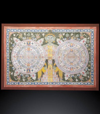 DIPINTO JAINISTA A INCHIOSTRO E COLORI SU TELA 
India, Gujarat, XIX secolo