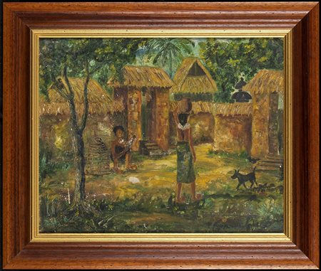 DIPINTO A COLORI SU TELA CON SCENA DI VILLAGGIO CON FIGURE E CANE 
Indonesia, XX secolo