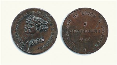 Monete di Città Italiane - LUCCA e PIOMBINO - Felice ed Elisa - 5 Cent. 1806.