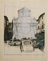 CHRISTO  (1935 - 2020) - Packed fountain and packed tower, Spoleto.