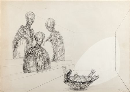 Clerici, Fabrizio (Milano 1913-Roma 1993)  - Tre figure e una tartaruga capovolta