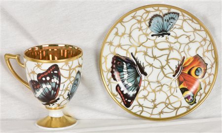 TAZZINA CON PIATTINO in porcellana decorata con farfalle e oro zecchino marca...
