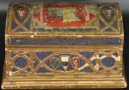 SCATOLA IN LEGNO scatola in legno decorata in stile medievale recante stemmi...