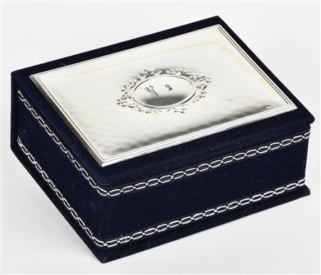 SCATOLA PORTAGIOIE in velluto blu con inserto rettangolare in argento con...