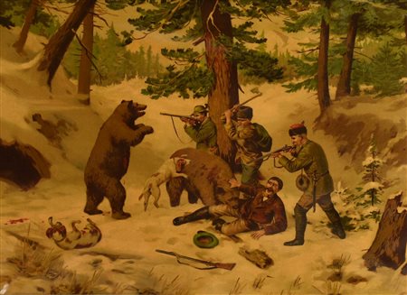 Anonimo CACCIA ALL'ORSO oleografia su carta, cm 40x50 Germia, inizio XX...