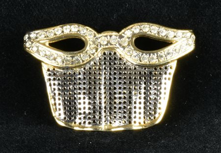 SPILLA a forma di maschera veneziana in metallo argentato e dorato arricchita...
