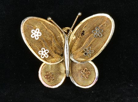 SPILLA in filigrana dorata e argentata a forma di farfalla Italia, 1950 mm 35x45