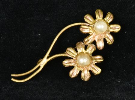 SPILLA in metallo dorato con perle a forma di fiori Italia 1950 6cm