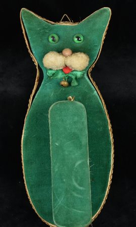 SPAZZOLA da bambini a forma di gatto in velluto verde Italia anni '60 cm 28x12