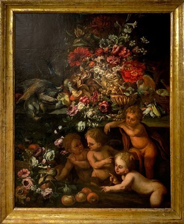 Mario de' Fiori Mario Nuzzi (attribuito a) (Roma 1603-Roma 1673)  - Trionfo di fiori con frutta, selvaggina e gioco di putti