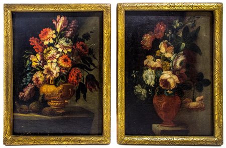 Pittore fiammingo del XVII secolo. Coppia di Nature morte di fiori. 47,5x35,5, olio su tela