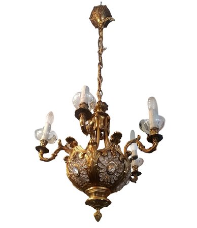 Lampadario in bronzo dorato con brindoli, Inizi 20° secolo,