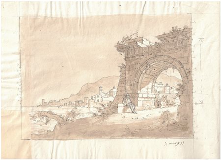 Porta d'ingresso ad arco di città con personaggio seduto, 19° secolo