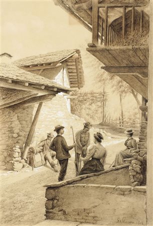 ALLASON SILVIO Torino 1845 - 1912 "Sosta alla fontana" 1904 26x39 china su...