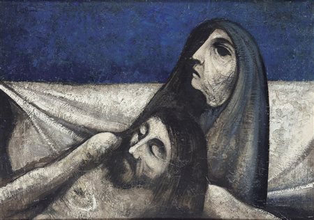 AIME TINO Cuneo 1931 " Pietà e Sindone 78" 50x70 olio su tavola Opera firma...