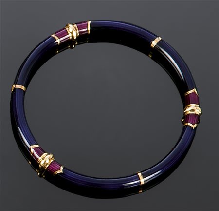 NOUVELLE BAGUE Bracciale rigido in oro giallo con smalti bordeaux e blu,...