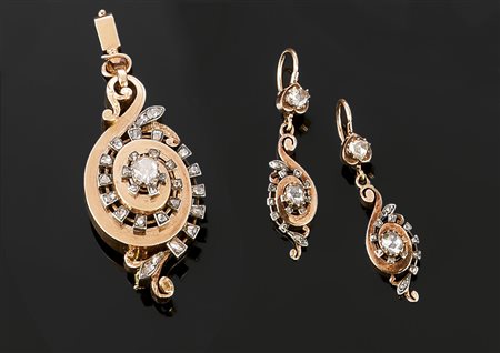 DEMI-PARURE Demi-parure, fine XIX secolo, in oro rosa e bianco, composta da...