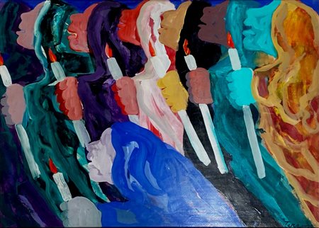 TERRUSO SAVERIO Monreale (Pa) 1939 Processione 1980 Tempera su carta intelata...