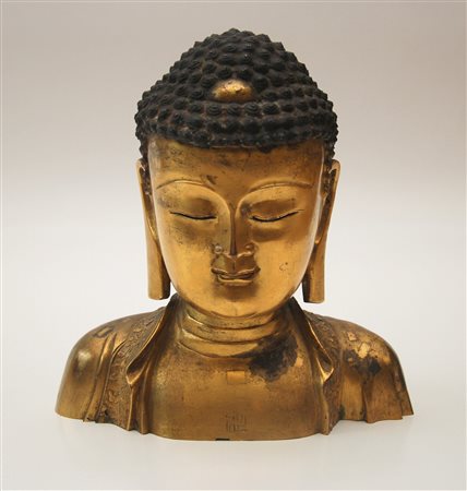 Cina, testa di Buddha in bronzo dorato e 