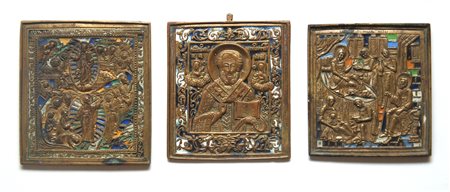 N. 3 icone russe in bronzo e smalti, sec. 