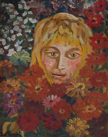 CARLO LEVI (Torino 1902 - Roma 1975) "Donna tra i fiori". Olio su tela. Cm...