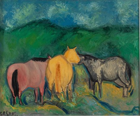 GIUSEPPE CESETTI (Tuscania 1902 - 1990) "Cavalli". Olio su tela, cm 54x65....