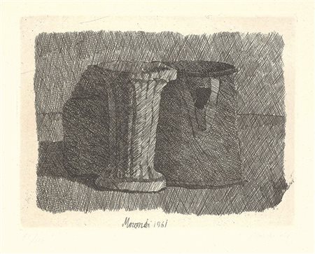 GIORGIO MORANDI (Bologna 1890 - 1964) "Piccola natura morta con tre oggetti"....