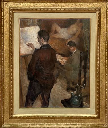 BRUNO SAETTI (Bologna 1902 - 1984) "Nello studio", 1928. Olio su tavola. Cm...