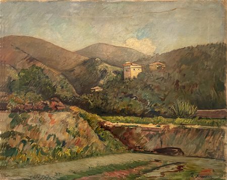 Piero Marussig (1879 - 1937) STRADA LIGURE (PAESAGGIO) olio su tela, cm 75x90...