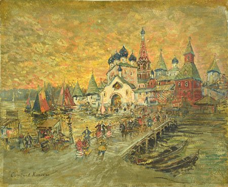 Konstantin Alekseevic Korovin (1861 - 1939) VEDUTA DI CITTA' olio su cartone,...