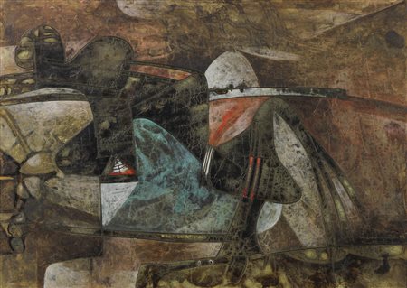 Gianni Dova (1925 - 1991) AVVENIMENTO IN UNA STANZA olio su tela, cm 50x70...