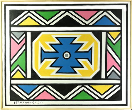 Esther Mahlangu (1935) SENZA TITOLO acrilico su tela, cm 92x112 2010 Firma e...