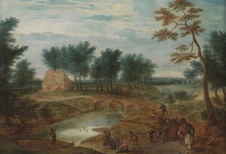 BRUEGHEL JAN (1568 - 1625) - Seguace di. Paesaggio fluviale con personaggi. .