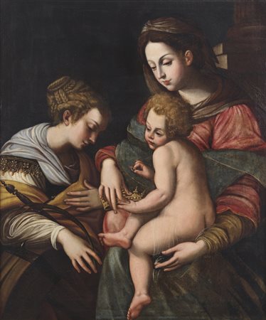 AZZOLINO GIOVANNI BERNARDINO (1572 - 1645) - Madonna con bambino e Santa Caterina d'Alessandria.