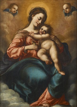 ARTISTA CENTROITALIANO DEL XVI SECOLO  - Madonna con Bambino e cardellino.