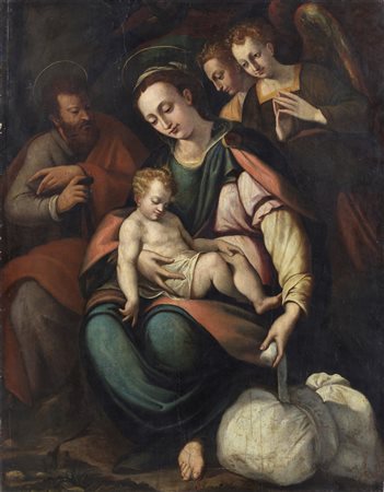 ARTISTA TOSCANO DEL XVI SECOLO  - Madonna con il bambino, San Giuseppe e gli angeli. .