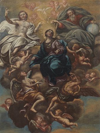 ARTISTA GENOVESE DEL XVII SECOLO  - Assunzione della Vergine tra un coro di angeli e la Trinità. .