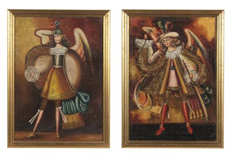 SCUOLA COLONIALE SUDAMERICANA DEL XVII SECOLO  - Coppia di dipinti raffiguranti San Michele Arcangelo e San Gabriele Arcangelo. .