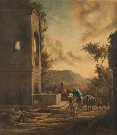 WEENIX JEAN BAPTISTE (1621 - 1665) - Paesaggio con viandanti presso una fontana.
