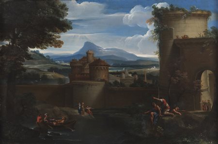ARTISTA STRANIERO OPERANTE A ROMA NEL XVII SECOLO  - Paesaggio fluviale con personaggi. .