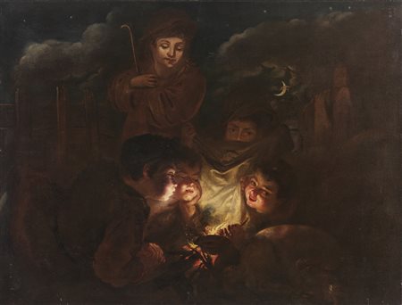 ARTISTA DEL XVII SECOLO  - Pastorelli si riscaldano dinnanzi al fuoco. .